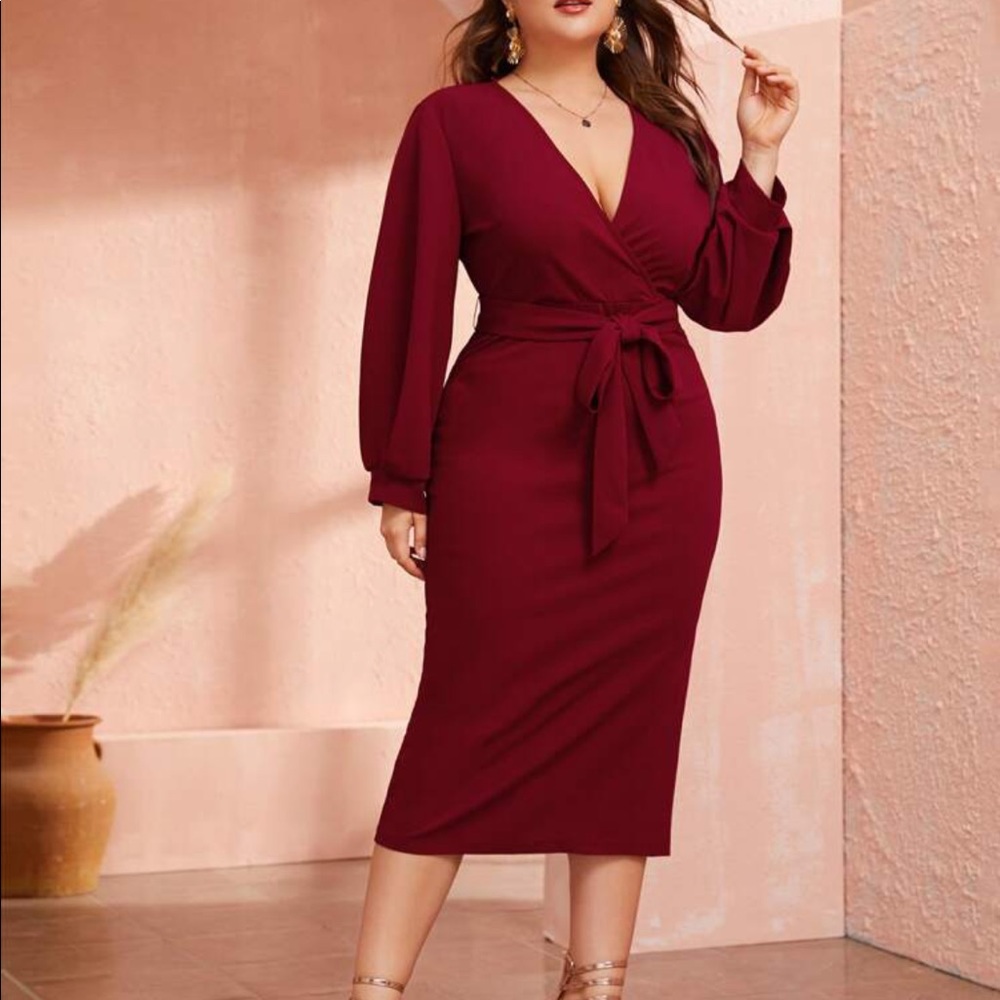 SHEIN Plus Plunging Neck Wrap Belted Pencil Dress - Picture 5 of 11